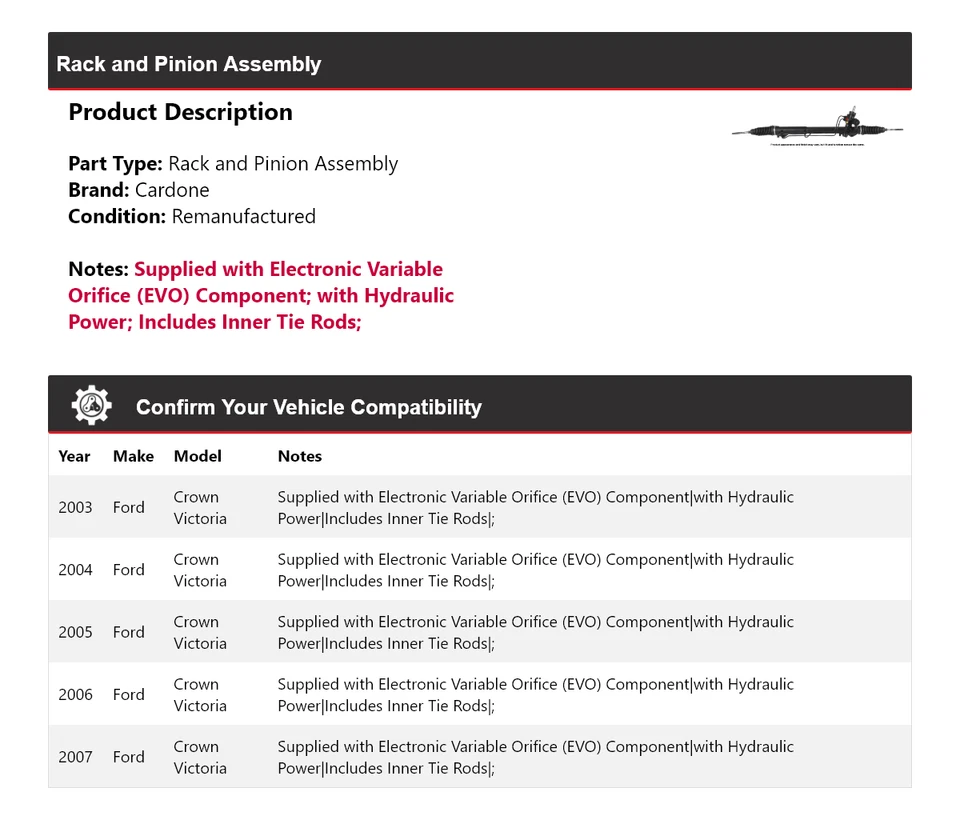 适用于 2003 - 2007 年福特 Crown Victoria 架和小齿轮总成 Cardone 2004 2005 — 第 2/4 张图片