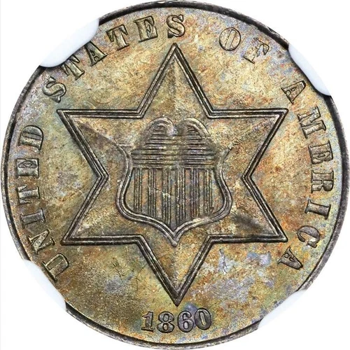 1860 NGC MS65 Clamshell Lamination $1,845-CU Rare 3CS Error! Three Cents Silver