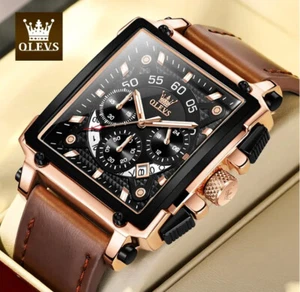 OLEVS Waterproof Sports Watches Men Quartz Leather Watch Luminous Casual Square