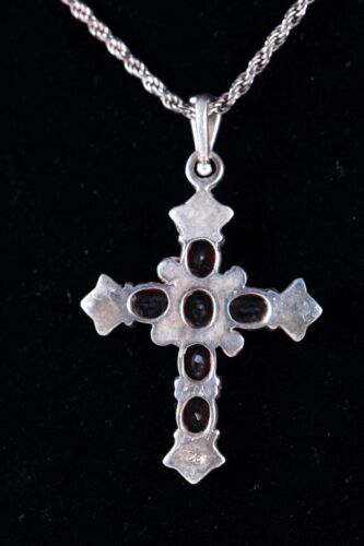 Sterling Silver .925 Garnet Marcasite VTG Cross Pendant Rope Chain Necklace 24” - Picture 6 of 6