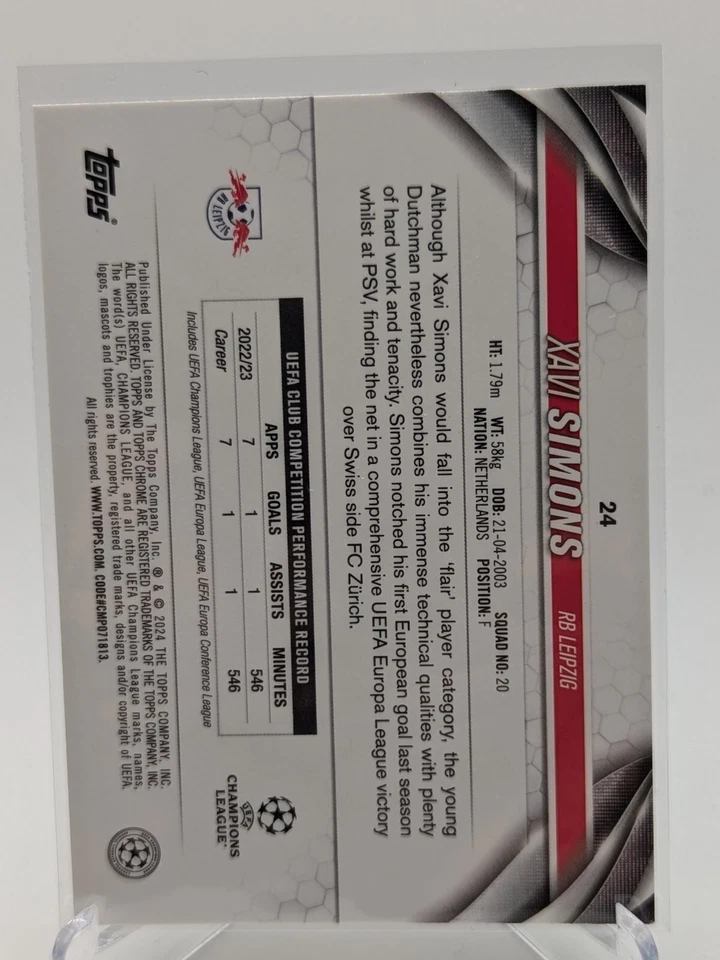 2023-24 Topps Chrome UEFA Club Competitions #24 Xavi Simons Base RB Leipzig - Image 2 of 2