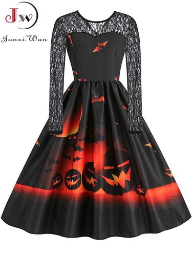 Halloween Costumes for Women Lace Long Sleeve Print Vintage Cosplay Party Dress - Afbeelding 1 van 33