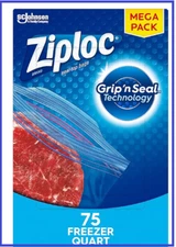 Ziploc Quart Food Storage Freezer Bags, Grip 'n Seal Technology, 75 Count*