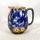 Antique Royal Doulton Burslem Pitcher Jug Blue Peonies Medallions Gold Gilt 5.5"