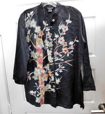 Citron Santa Monica Black Floral Ramie Button Down Top sz M