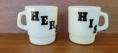 Vintage Thermocrisa Hers And His Set Coffee Mug Stackable Milk Glass 