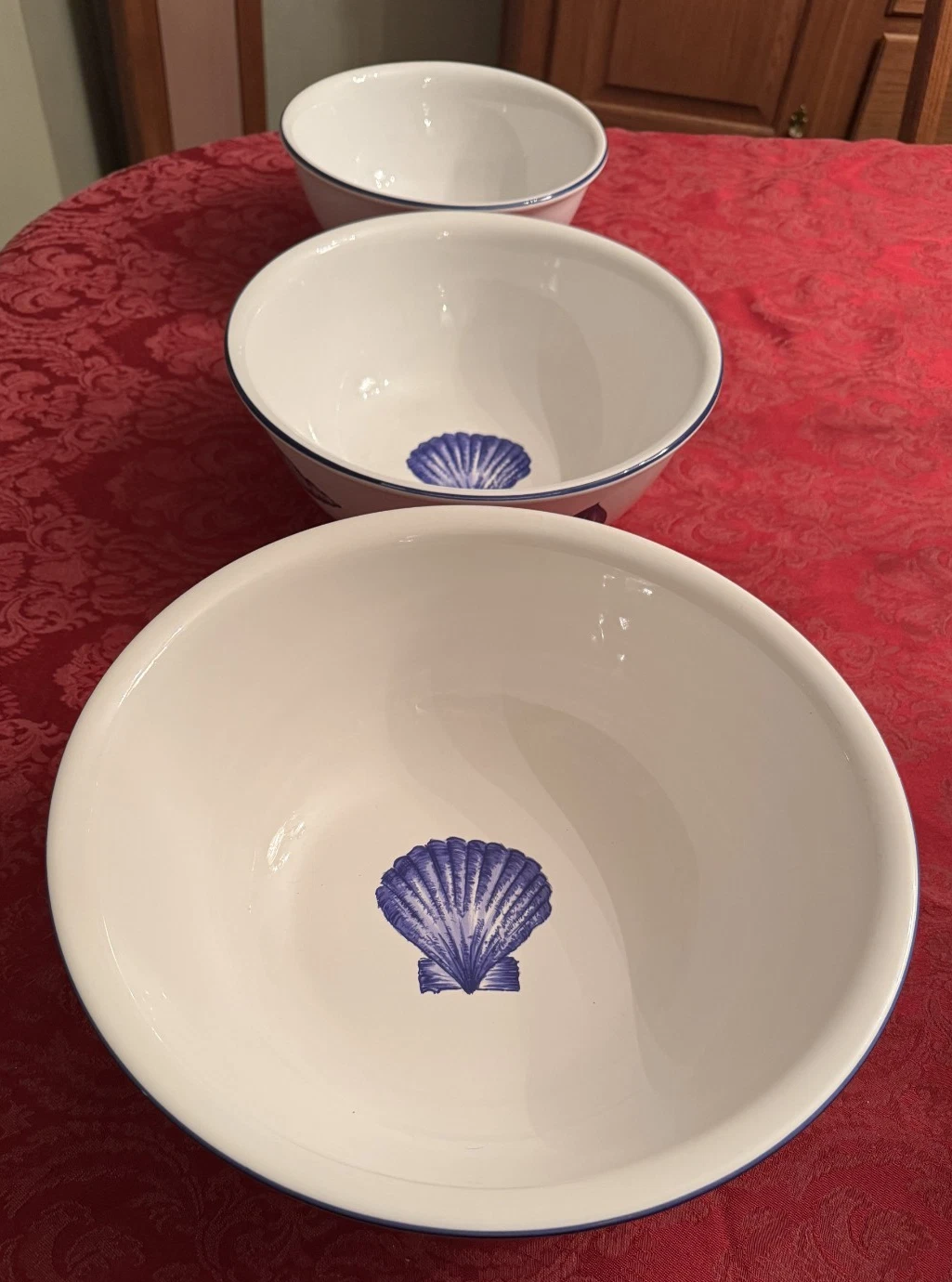 1990s Williams-Sonoma Blue Shells 3 Bowls #WSO11 Porcelain Mixing Bowl Set of 3