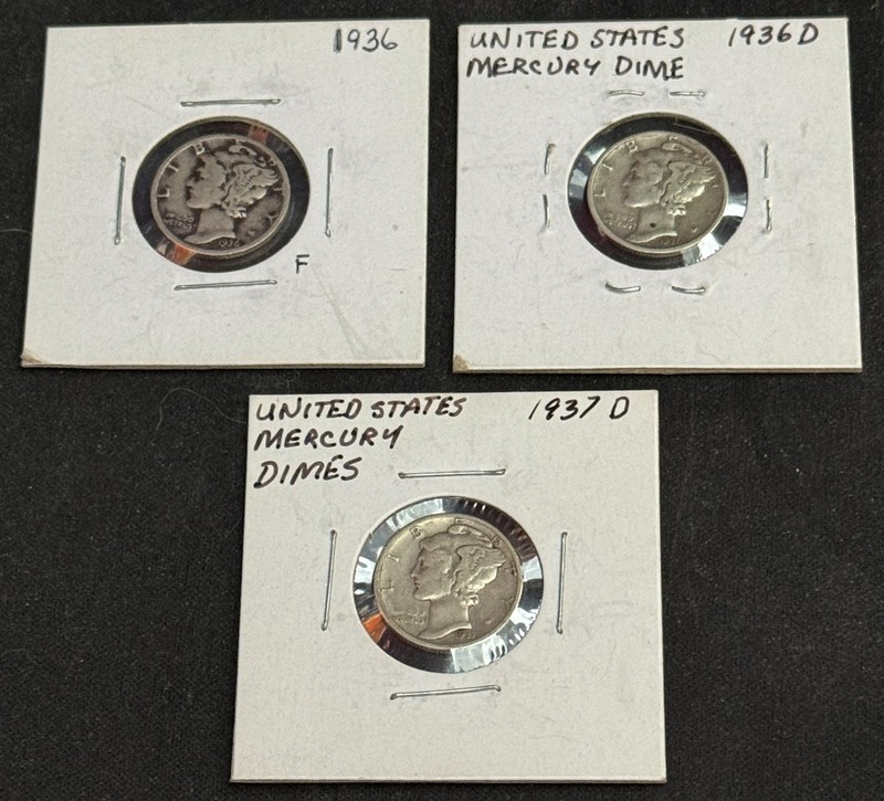 Lot of 3 Mercury Silver Dimes 90% Silver P & D Mint Coin - 1936, 1936D, 1937D