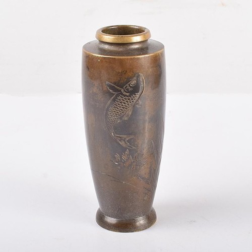 CARP FISH Engraving Bronze Vase 6 inch MEIJI Era Japanese Antique Old Metal Art