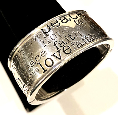 Brighton Peace Love Hope Faith Oval Bangle Silver Wide Bracelet 7.5"