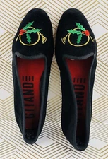 Vintage Gitano Black Velvet Ballet Flats Embroidered Horn/Holly Toe 7.5 Holiday