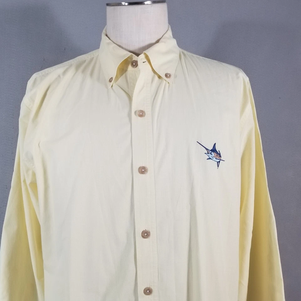 AFTCO Guy Harvey shirt men's medium yellow long sleeve Button down cotton - Image 2 of 4