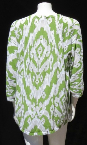 CHICO’S White Green Cotton Tianna Ikat Burnout Cardigan Sweater Top 3 US XL 14 - Picture 3 of 5
