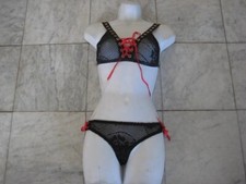 New 2pc Black Fishnet bra / thong set w Red ribbon One Size FREE Shipping RARE 