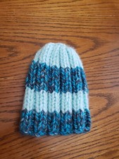 Handknitted thick acrylic pastel mint 2 teal stripes baby beanie hat fits 3-6m.