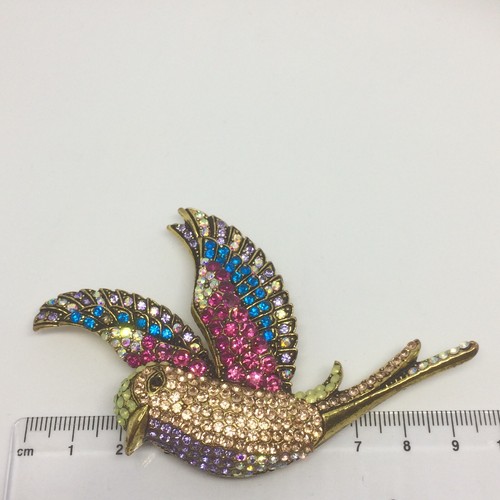 Bird brooch yellow metal colourful paste stones 9.5cm - Picture 7 of 7