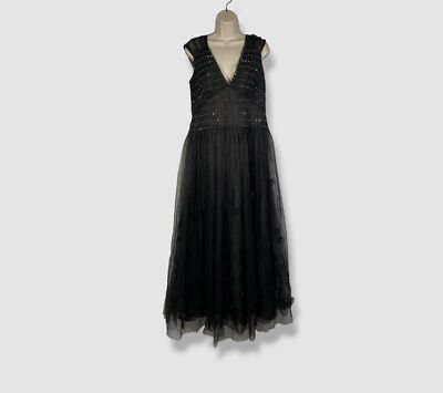 $7195 Erdem Women's Black Floral Embellished Pleated Lorena Dress Size 10