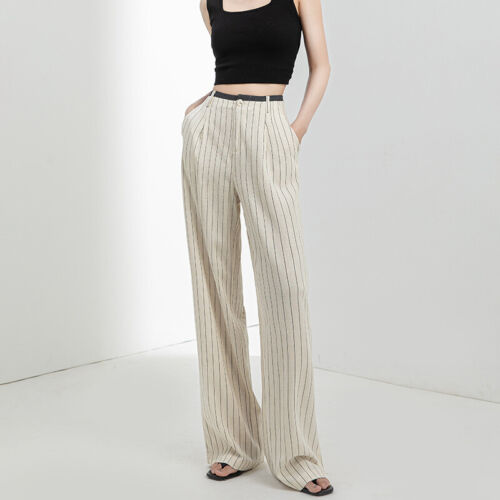 Linen Thin High Waist Women's Casual Striped Wide-leg Pants Trousers Linen Pants - Picture 16 of 16