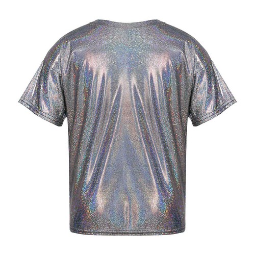Kids Girls Boys Metallic Shiny T-shirt Sparkly Jazz Dance Loose Tops Costumes - Picture 3 of 25