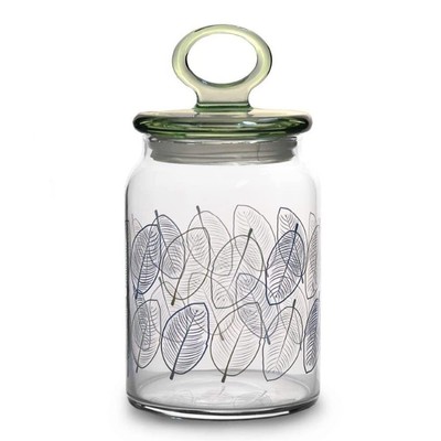 Glass Jar With Leaves Print And Lid - 860ml,Blue