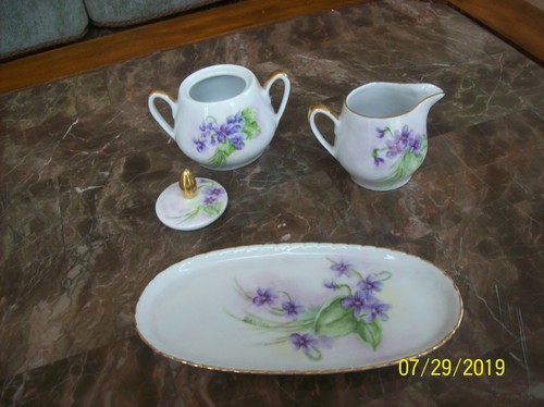 Creamer & Sugar Bowl Serving Platter Porcelain Violet Floral Handpainted Signed - Picture 6 of 10