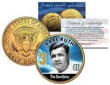 BABE RUTH Yankees Baseball Legends JFK Half Dollar 24K Gold Plated US Coin