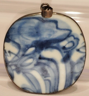Antique Ming Style Sterling Silver Frame and Bale Blue White Painted Pendant