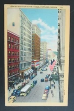 Looking South on Fifth Avenue Portland OR Unposted Linen Postcard 