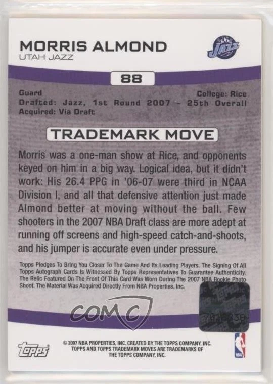 2007 Topps Trademark Moves Wood Relics Ink /79 Morris Almond #88 Rookie Auto RC - Image 2 of 2