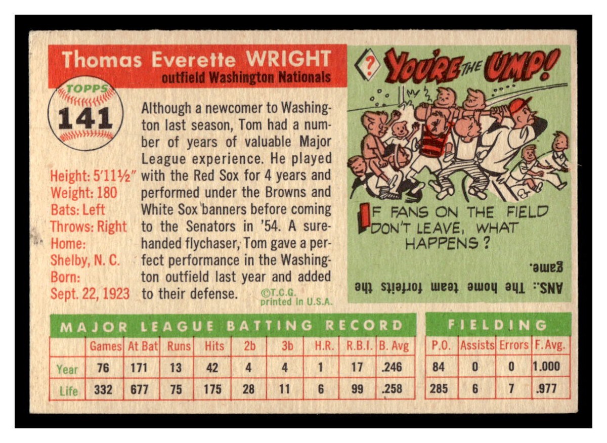 1955 Topps BASEBALL #141 Tom Wright 55T | eBay 1955 Topps BASEBALL #141 Tom Wright 55T | eBay
