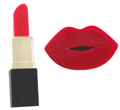 Lot of 2 NWOT 2 1/4'' LIPSTICK TUBE & 1 5/8'' LIPS LAYERED ACRYLIC BROOCH/ PIN SET