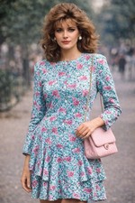 Vintage 80s 90s Rampage Womens Dress Sz Large Green Pink Floral Tiered Ruffles