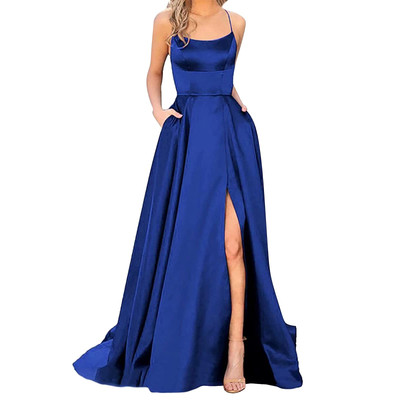 Damen Kleid Cocktailkleid Hochzeit geschlitzt Abschlussball Blau, M