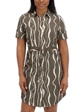 NEW Halston Womens Shirt Dress Green White Abstract Stretch Pockets Drawcord S