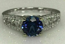 Art Deco Style 3.20Ct Round Cut Blue Sapphire Created 925 Silver Engagement Ring