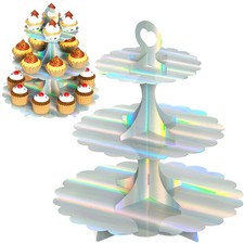 3-Tier Laser Silver Cupcake Stand, 2-Pack Heart Handle Dessert Display Tower,...