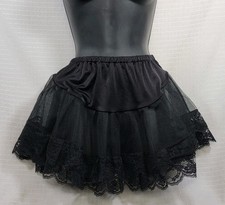 Black Satin Top Waistband Ruffled Layered Mesh Tulle Lower Section Lace Trim