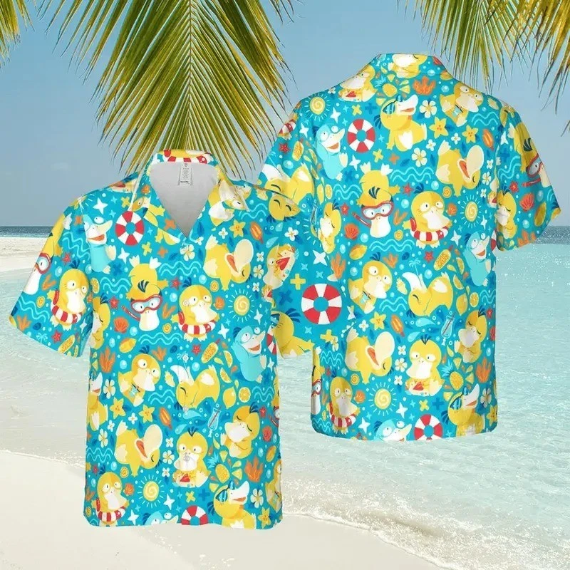 Funny Psyduck Hawaiian Shirt - Anime Floral Print Beach Aloha Button Down Shirt