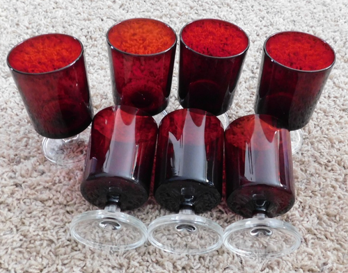 25-784 7 Vintage Lunimarc Ruby Red Stem 4" Cordial Juice Wine Glasses France Old - Picture 6 of 6