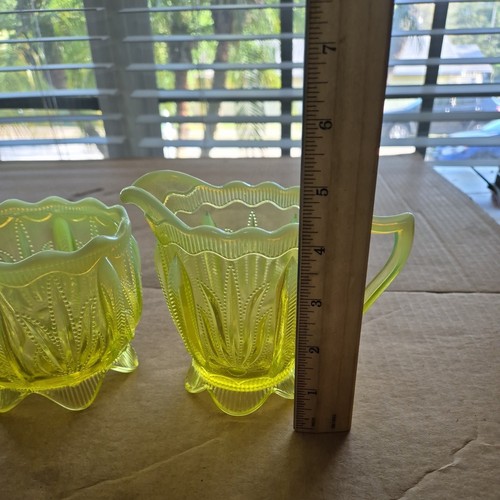 Fenton Kunst Kaktus Topas schimmernd Vaseline Glas Milchkännchen & Zuckerdeckel - Bild 3 von 6