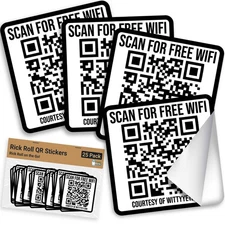Ad-Free, Realistic 2x2IN Fake WiFi Rick Roll QR Code Stickers 25 Pack. Best B...