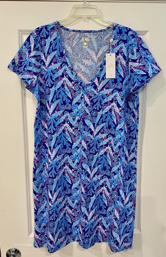 Abito Lilly Pulitzer Etta manica corta Barton blu stella che guarda nuovo con etichette XL - Foto 1 di 9