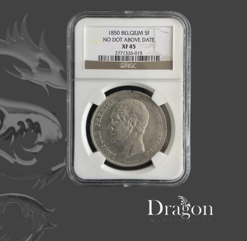 1850 Belgium Silver 5 Francs 5F King Leopold Ngc Xf 45 No Dot Above Date Scarce