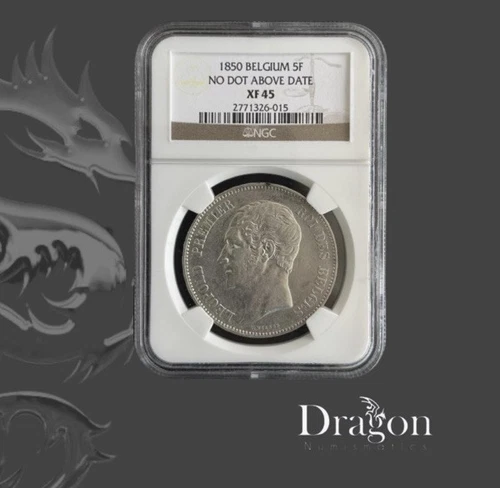 1850 BELGIUM SILVER 5 FRANCS 5F KING LEOPOLD NGC XF 45 NO DOT ABOVE DATE SCARCE