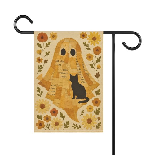 Collage de Papel Fantasma Gato Negro Floral Cottagecore Halloween Jardín Bandera - Imagen 8 de 10