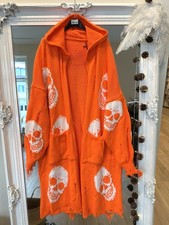 Italy Damen Strickjacke Kapuze Cardigan Jacke Skull Totenkopf 34-46 Orange Neon