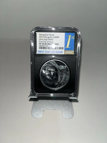 2023 Mongolia 1000T 2oz Silver Black Proof Mongolian Falcon NGC PF70 UCAM FDOI