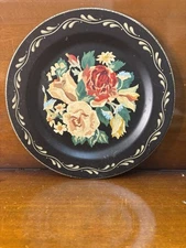 Antique 1930s Metal Toleware Hand Painted wall Plate Roses Flowers #399