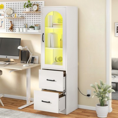 LED File Cabinet Bookcase with Glass Doors 2 Filing Drawers Adjustable Levels