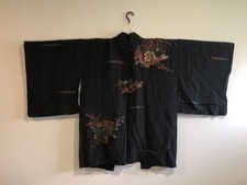 Vintage Japanese Haori Kimono Jacket Black Floral Embroidered Robe